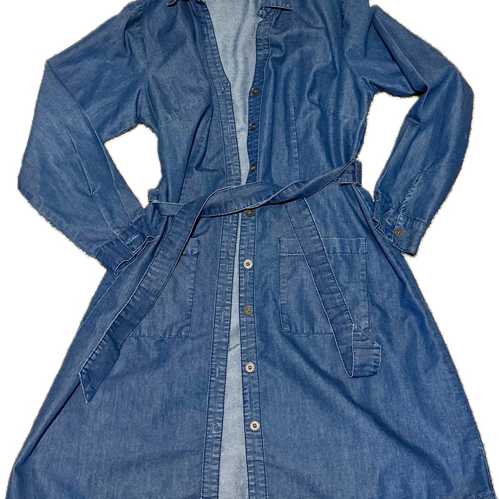 Denim Belted Shirt Dress Jacket - Blue